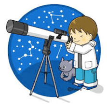 child looking through a telescope at the night sky with pet cat 