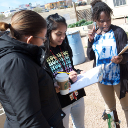 Students discuss their data and findings with their teacher. 