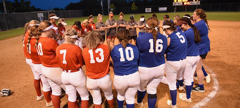  Softball teams gather at end of last year's Victory Bowl game at UMHB