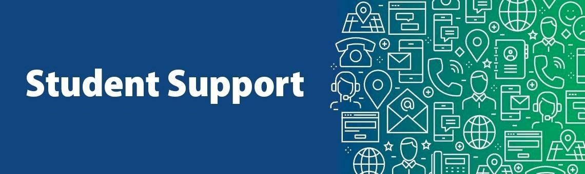 Graphic that goes from blue to green and has the the text Student Support on the left with generic icons to the right